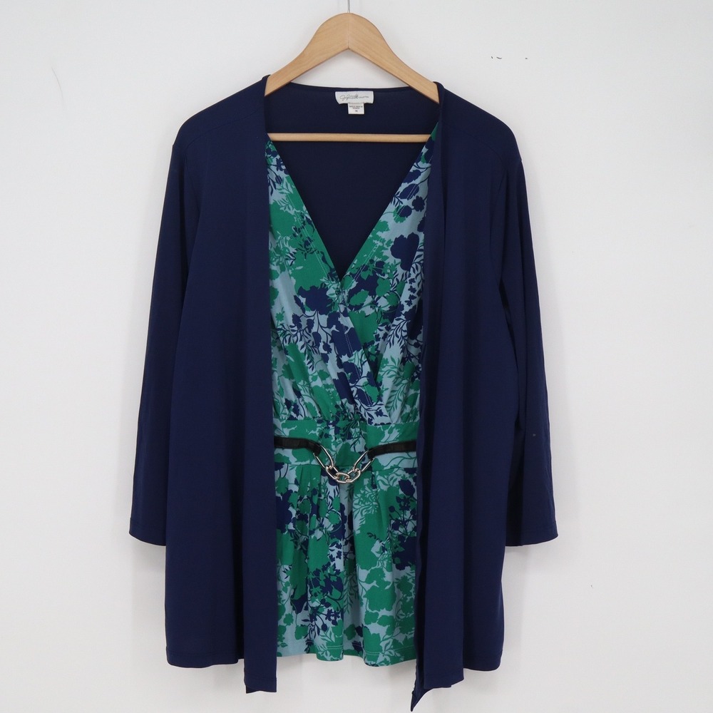 Jaclyn Smith Top Womens 1X Layered Cardigan Navy Blue Floral Chain Excellent